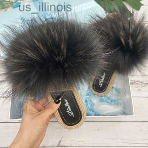 Slippers Real Fur Slippers Women Summer Flats Faux Str Sandals Natural Fur Ladies Flip Flops Fashion Raccoon Beach Light Slides J230728