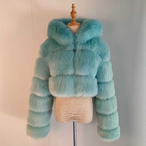 Damen-Fell-Kunstpelz, blau, pelzig, kurze Kunstpelzmäntel und -jacken, Damen-Flauschiges Oberteil mit Reißverschluss, Kapuze, Winter-Kurzpelzjacke mit Kapuze, Kunstpelz HKD230727