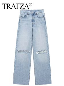 Women's Jeans TRAFZA Blue Baggy Jeans Women Ripped Denim Pants Woman High Waist Wide Leg Pants Fashion Y2k Streetwear Women's Trousers 230728