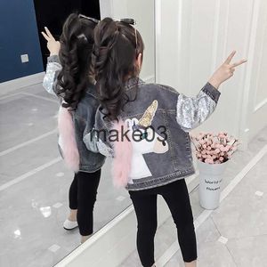 Джакеки Unicorn Jacket for Girls Fashion Coats Детская одежда осень детская одежда для девочек Overwear Jean Sequin Jackets Unicorn Hoat J230728