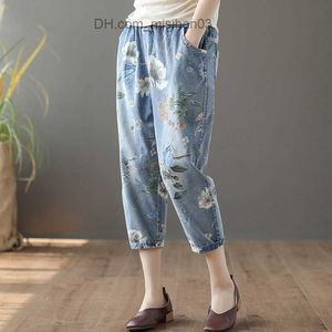 Jeans feminino vintage moda flor solto extra largo reto roupas femininas elástico emenda bolso 2023 verão nova safra jeans Z230728