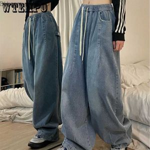 Women's Jeans Spring Women's Vintage Luggage Jeans Elastic Waist Extra Large American Men's Denim Wide Leg Street Wear Straight Basic Pants Y2k Z230728