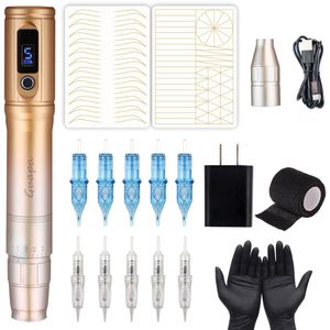 Tattoo Machine Golden Wireless Eyebrow Lip Microblading Permanent Makeup Rotary Kit Professional PMU For Body Art 230728