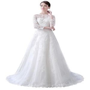 2019 Jewel Neck A-Line Kaplica Suknie ślubne 3 4 długie rękawy koronkowe aplikacje ślubne suknie ślubne guziki