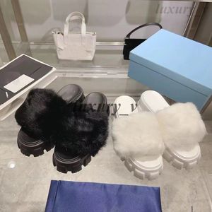 Designer Monolith tofflor Kvinnor Platform Päls Slides Soft Leather Wool Mules Rubber Sole Plat Sandals Winter Party Furry Slippers