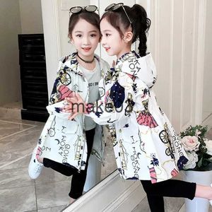 Giacche Nuova primavera autunno giacca in poliestere per ragazze versione coreana moda stampa fumetto giacca a vento abbigliamento casual per bambini con cappuccio J230728