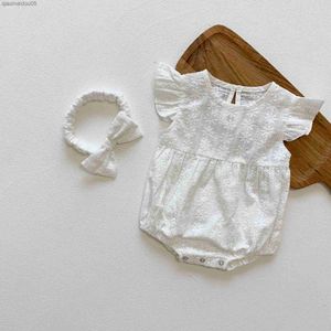 Baby Girls Romper+Hairband Summer Short Sleeve Romper Latający rękaw White Onesie kombinezon Baby Girls Come L230712