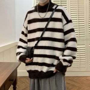 Maglioni da uomo Pullover da uomo a righe Harajuku Streetwear Inverno Casual Lana sciolta Caldo dolcevita lavorato a maglia Top 3XL