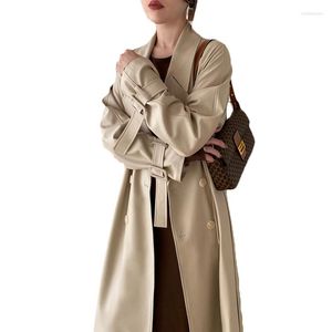 Trench da donna 2023 Primavera Autunno Cappotto lungo casual Abbigliamento donna Retro Allentato Doppiopetto Colletto rovesciato Giacca a vento con cintura 14