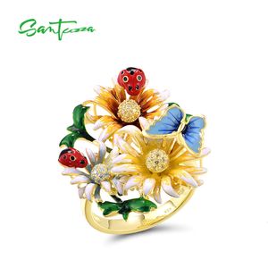 Alianças de Casamento SANTUZZA 925 Prata Esterlina Para Mulheres Champanhe Amarelo Branco CZ Esmalte Flor Borboleta Joaninha Jóias Finas Feito à Mão 230727