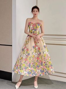 Prom Dress Ball Gowns Tulle with Embroidery Evening Party Wearing Summer Tea Length