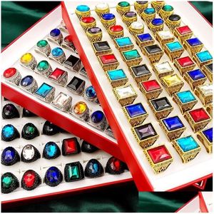 Band Rings Stone 30Pcs Crystal Glass Retro Bohemia Style Big Size Mixed Golden Siery Black Metal Acrylic Men And Women Jewelry Party Dh5Ca