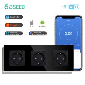 Smart Power Plugs Bseed EU Standard Smart WiFi Socket Black Triple Power Sockets Tuya Home Alexa Voice Control Power Monitor Timing 16A HKD230727