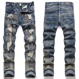 Men's Jeans FSSMER Mens Patchwork Ripped Stretch Casual Slim Straight Punk Denim Pants