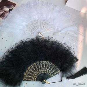 Produtos de estilo chinês Leques de mão de penas para casamento nupcial doce fada menina pena dobrável leque de dança fã de mão arte artesanato presente festa decoração de casa R230728