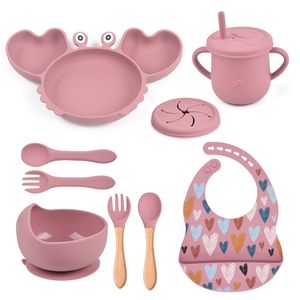 Utensílios de pratos de xícaras 9pcs Baby Silicone Non Slip Placa de tigela Spoon colher à prova d'água Cupo de caranguejo para crianças BPA grátis 230727