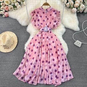 Casual Dresses Elegant Stand Ruffle Sleeve Waist Wrapped A-line Large Swing Pink Polka Dot Robe Femme Vestido Maxi Dress Women