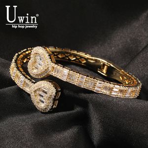 Cuff Uwin Baguette CZ Heart Shape 6mm Adjustable Cuff Bracelet Slightly Paved Shiny Cubic zirconia Luxury Rap Singer Hip Hop Jewelry Punk Gift 230728