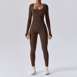 Aktiva uppsättningar 2023 Yoga Set Seamless Suit Solid One Piece Sexig Jumpsuit Outfit Fitness Långärmad träningskläder för kvinnor