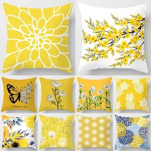 Cushion Decorative Pillow Yellow Flower Leaf Decorative Pillowcase Geometric Plant Throw Case Polyester Printing Cushion Cover 45x45cm 230727