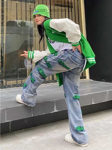 Kadınlar Kot pantolonlar Feynzz Nakışları Yüksek Sokak Stili Hip Hop Yüzen Kot Erkek ve Kadın Otomatik Geniş Bacak Kot High Bel Jeans Moda Q240322