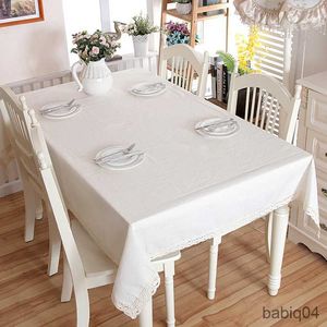 Table Cloth Christmas Cotton Thicken Solid Tablecloth White Lace Hem Washable Coffee Dinner Table Cloth for Wedding Banquet R230726