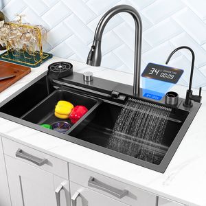 Black Kitchen Sink 304 Stainless Steel Nano Handmade Multifuctional Waterfall Faucet Above Counter Apron Front