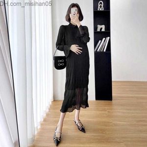 Maternity Dresses Dresses 9114# 2022 Spring New Korean Fashion Pleated Chiffon Maternity Long Dress Chic Ins Clothes for Pregnant Women Pregnancy Clothing Z230728