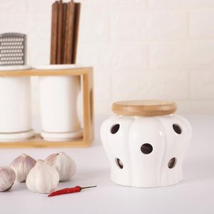 Garrafas de armazenamento de cerâmica criativa para alho com tampa de madeira e recipiente para balcão de cozinha