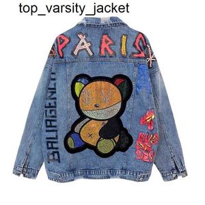 여자 재킷 새로운 가을 디자이너 데님 여성 곰 패턴 패션 브랜드 Jean Coats 대형 여성 레터맨 재킷