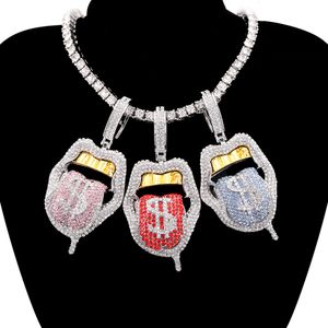 Gargantilhas Hip Hop Dollar Symbol Micro Pave Dripping Lips colar masculino Iced Out Bling Tongue Pingente Colar Corrente de Tênis para mulheres Presente 230728