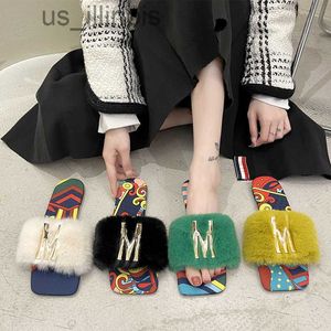 Slippers Flock Flat Shoes Female Plus For Adults Luxury Slides Slipers Women Fur Soft Designer 2023 Rubber Fashion Rome Fabric J230728