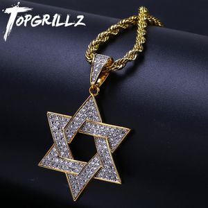 Charms Topgrillz Hip Hop Men Złota Kolor Pleatowana biżuteria Mikro Pave Losowana CZ Stone Star of David Pendant Naszyjniki z łańcuchem liny 230727