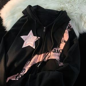 Women s Hoodies Sweatshirts Y2K Zip Up Hoodie Women 2023 American fried street star letter print patchwork cardigan hoodie women s trendy loose coat top 230728