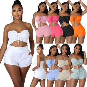 Damen-Trainingsanzüge, Sommer-Schnürung, zweiteiliges Set, sexy Bandage, gerüschtes Röhren-Crop-Top und Shorts, schlankes Streetwear-passendes Set, Outfits