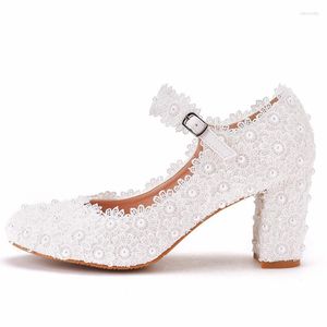 Dress Shoes White Lace Lady Party 3 Inches Square Heel Bridesmaid Comfortable Round Toe Wedding Female Pumps Ankle Straps