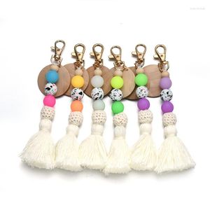 Keychains Fashion Silicone Beaded Wood Pendant For Women Girls Lysande färgglada pärlor Tassel Keychain smycken Tillbehör gåvor