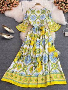 Basic Casual Dresses Autumn Runway Dress Women's Bohemian Yellow Lemon Print Blue and White Porcelain Sparkling Sleeves Long Sleeve Party Dress 230727