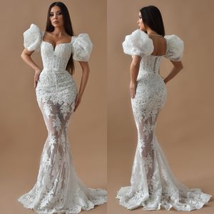 Abiti Glamour sirena a maniche corte gonfie Appliques abiti da sposa Sweep treno in pizzo su abiti da sposa da sposa