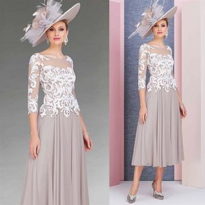 2019 طول الشاي أم لفساتين العروس جوهرة الرقبة الدانتيل 3 4 فستان زفاف طويل الأكمام