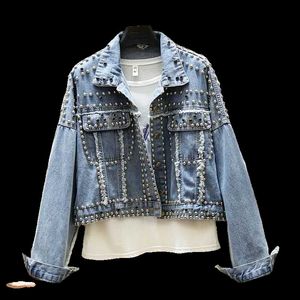 Jaquetas femininas jaqueta mulheres outono mão rebite cravejado denim jaqueta solta outwear estudantes femininos casuais jeans curtos casacos 230727