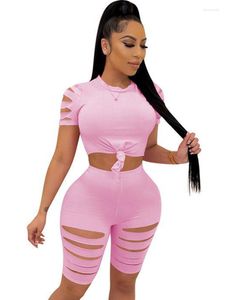 Women's Tracksuits Szkzk Sexy Ripped Two Piece Bodycon Set Women T Shirts Tops And Shorts Hollow Out Black Gray Outfits Party Night Club