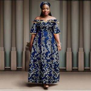 プラスサイズのドレスアフリカンの女性サイズアンカラ印刷生地片側肩セクシーな風の金の縫い付けヒジャーブスカートA2325026 230727