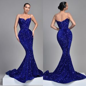 Royal Blue Mermaid Abendkleider Spaghetti -Pailletten Party Abschlussball Sweep Zug Long Kleid für rote Teppich Special OCN