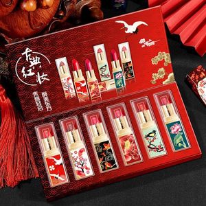 Lippenstift 6 teile/satz Chinesischen Stil Lippenstift Geschenk Set Box Anhaltende Feuchtigkeitsspendende Pflegende rote Lippenstift Kosmetik frauen schönheit make-up set 230727