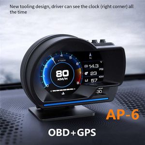 AP-6 HUD 최신 헤드 업 디스플레이 자동 디스플레이 OBD2 GPS 스마트 카 HUD 게이지 디지털 주행 거리계 보안 알람 알람 워터 오일 온도 RPM226E