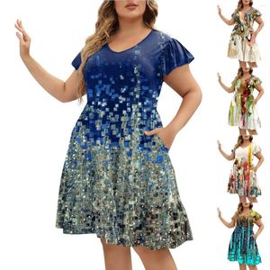 Casual Dresses Summer Beach Dress for Women Plus Size Lose V-Neck Tunic Ruffle Short Sleeve A-Line bekväm Vestidos Para Mujer