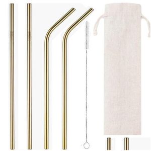 Drinking Straws 6Pcs Set Stainless Steel Sts With Cleaning Brush And Pouch Reusable Straight Bent Metal St For Home Party Bar Drop Del Otuqh