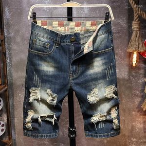 Jeans masculino shorts calças de cinco pontas com furos médios respingos de tinta tamanho grande fino reto