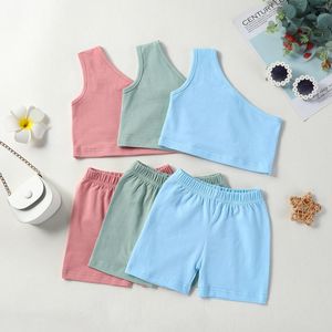 Conjuntos de roupas FOCUSNORM 0-4Y Toddler Kids Girls Summer Clothing Solid One Shoulder Sleeve Tank Tops Shorts Set